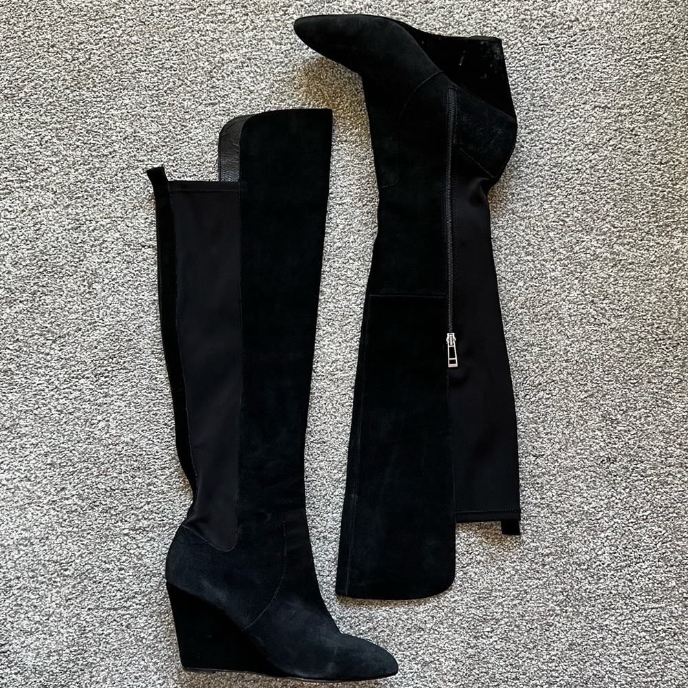 NEIMAN MARCUS BLACK SUEDE WEDGE KNEE HIGH BOOTS